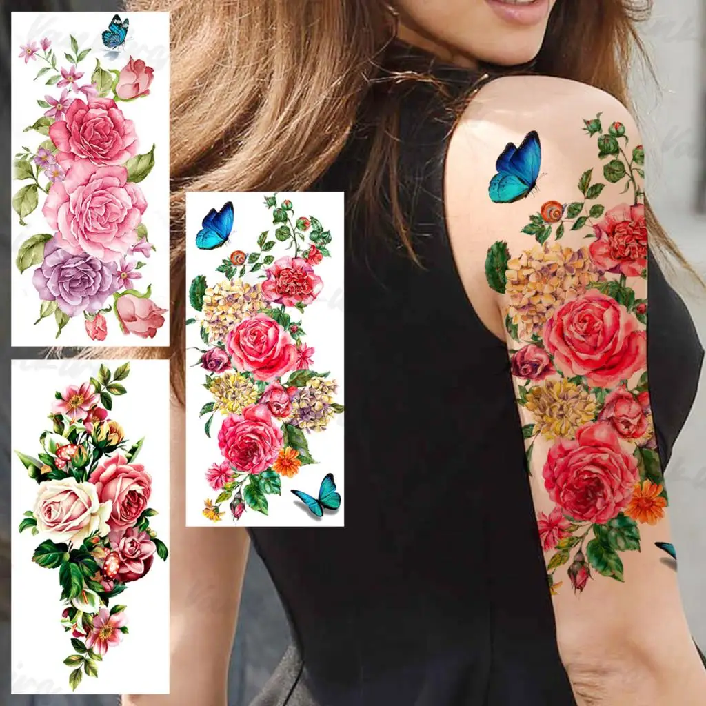 

Татуировка Временная водостойкая для женщин и взрослых, яркий цветок, Бабочка, Далия, флора, наклейка-ненастоящая татуировка, пикантные тат...