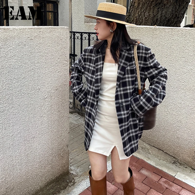 

[EAM] Women Black Plaid Big Size Casual Blazer New Lapel Long Sleeve Loose Fit Jacket Fashion Tide Spring Autumn 2021 1DE2293