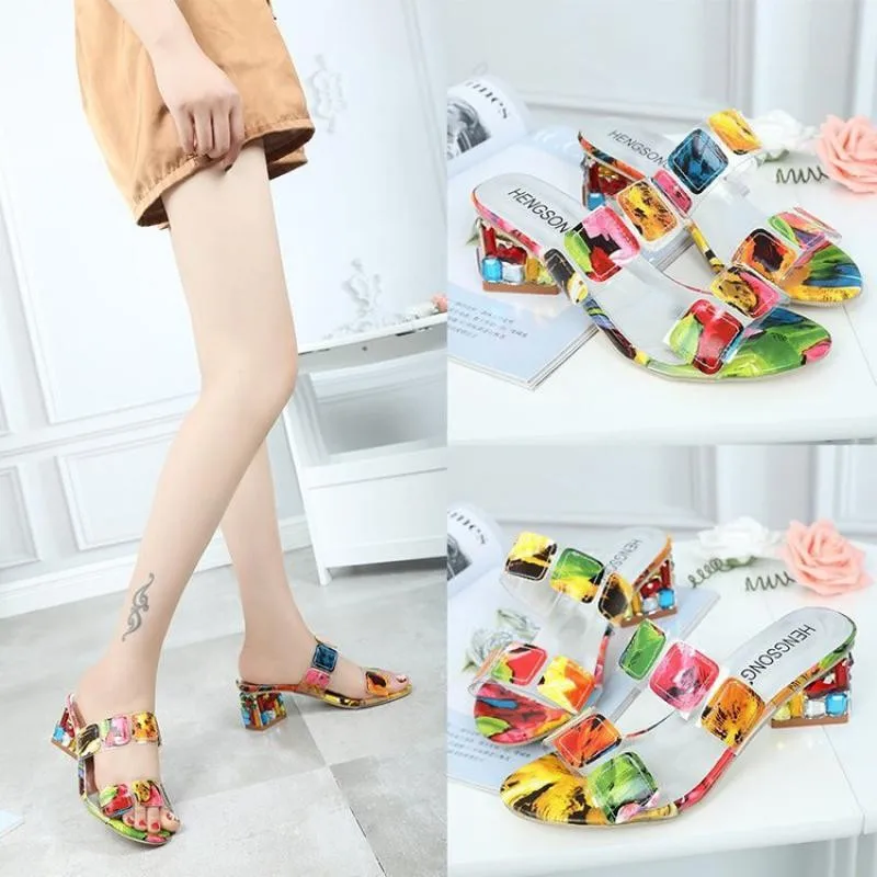 Summer Ladies Sandals One-line Mid-heel Ladies High Heels Colorful Sandals And Slippers Feminine Color Matching Party Shoes
