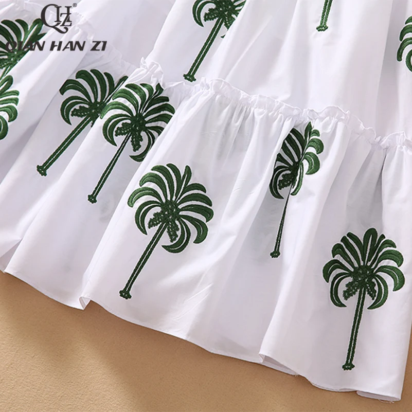 

Qian Han Zi Fashion Runway Summer Dress Women's Square Neck Green Leaf Embroidered White Elegant Party Long Dress