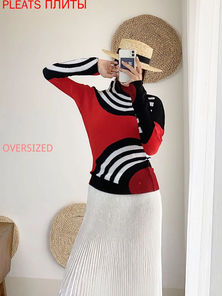 

Miyake Pleated High Collar Printed Long Sleeve Bottoming Shirt for Women with New Autumn and Winter Top Design Pleats