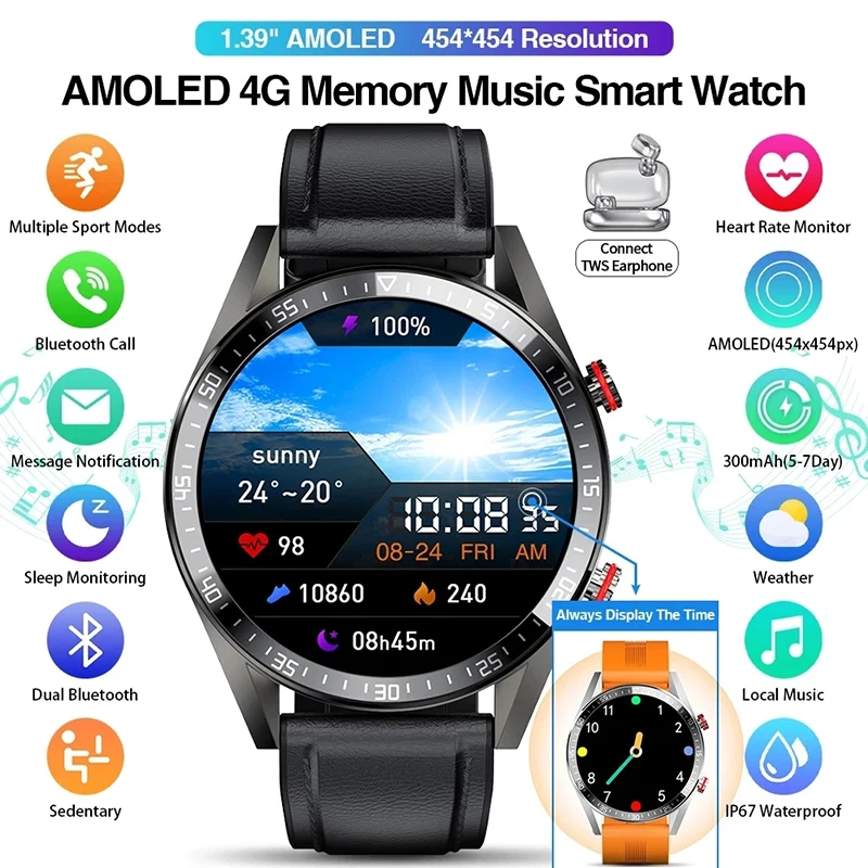 

Умные часы с AMOLED-экраном 454*454, мужские Смарт-часы с поддержкой bluetooth, звонков и локальной музыки, наушники TWS на базе Android