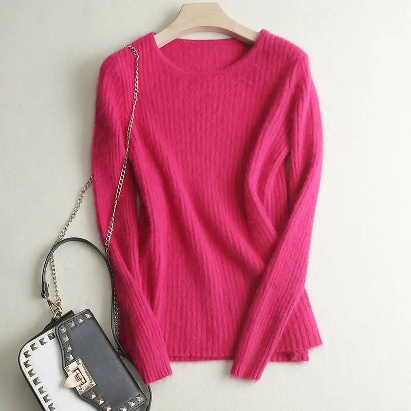 rose red Loose Sweater Women Hot Sale Soft Jumpers Mink Cashmere Knitted New O-Neck Standard Clothes Ladies Pullovers - Цвет: rose red
