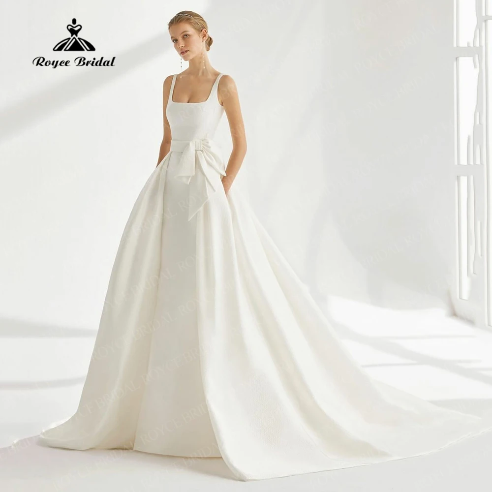 Современные атласные свадебные платья с карманами простые трапециевидные