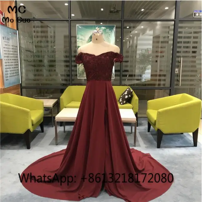 Women's Burgundy Off-Shoulder Chiffon Evening Dress with Front Split for Formal Party Wear image 5