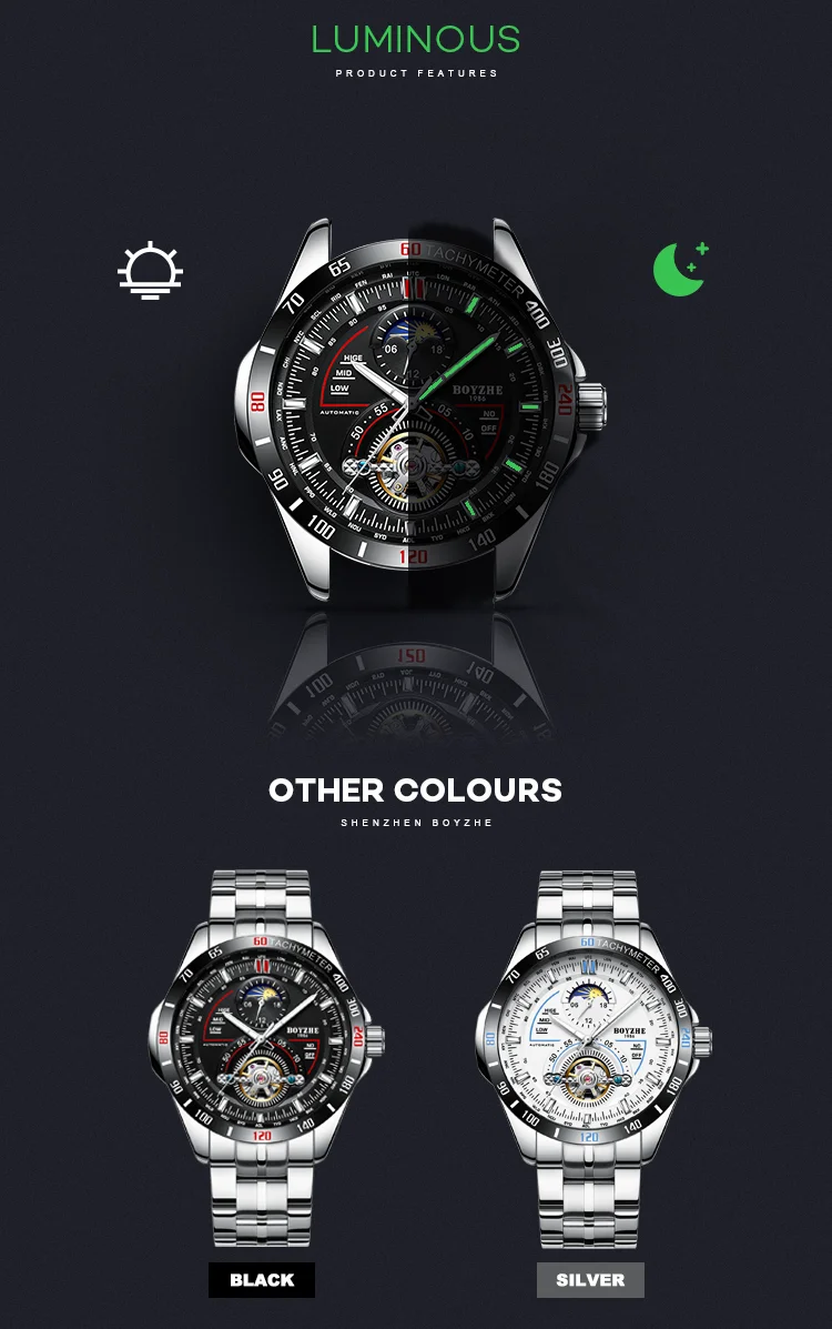 BOYZHE новые автоматические механические часы мужские Tourbillon часы Мужские 316 стальные часы 30 м водонепроницаемые спортивные часы светящиеся