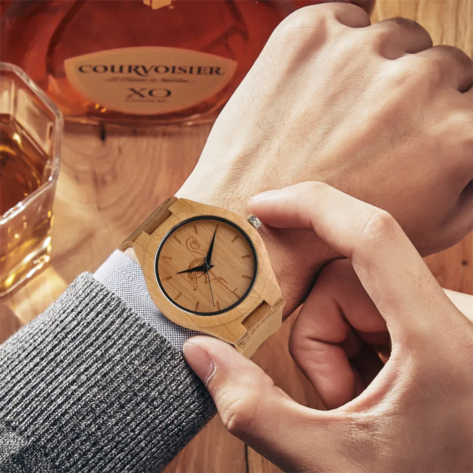 

REDFIRE Engraving Red-crowned crane Display Bamboo Stylish Men Watch Quartz Genuine Leather Watchband Casual Mens Wood Watches