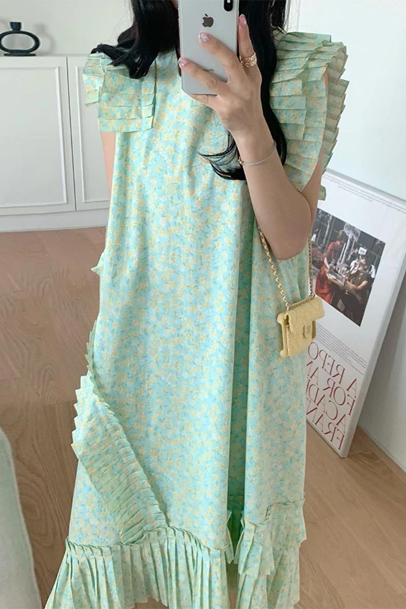 

Women Dress 2021 Summer Korean Fresh Round Neck Floral Loose Organ Edge Stitching Flying Sleeves Large Swing Vestidos