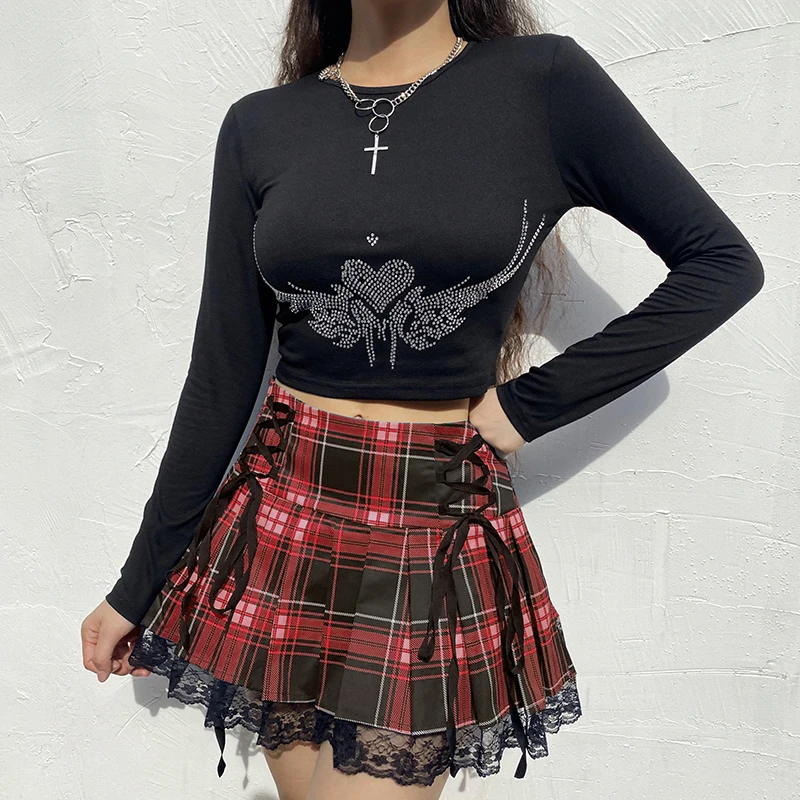 

Y2K Women Slim-fit Crop Tops Harajuku Adults Rhinestone Love Pattern Long Sleeve Round Neck T-shirt Streetwear