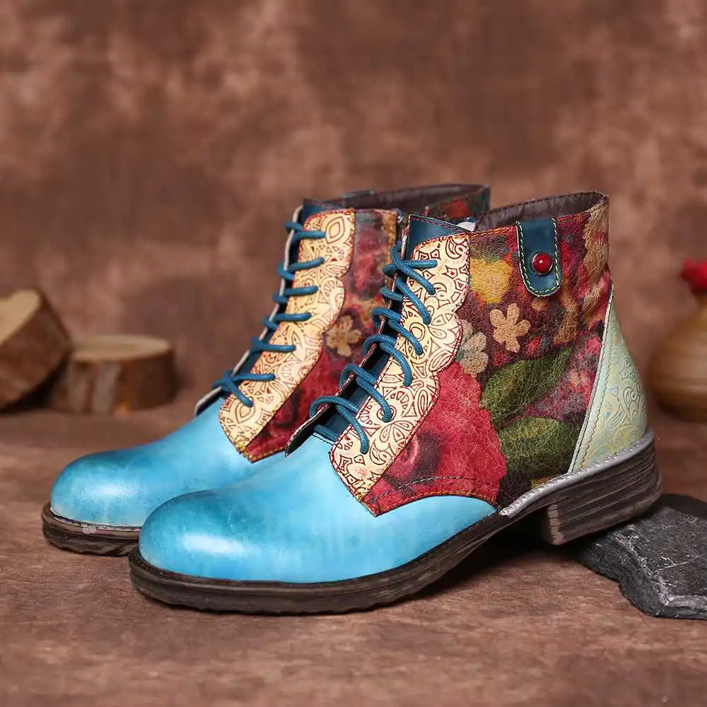 SOCOFY/Botas Mujer; ботинки с цветочным узором из натуральной кожи на молнии; короткие ботинки на плоской подошве со шнуровкой; женская обувь; женская зимняя обувь