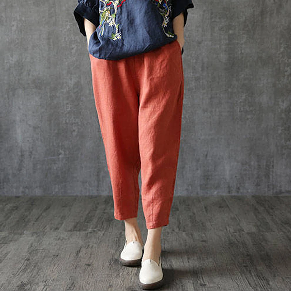 

Women Spring High Waist Solid Color Pockets Loose Trousers Ninth Harem Pants Solid Color Casual Fashion Women Pants