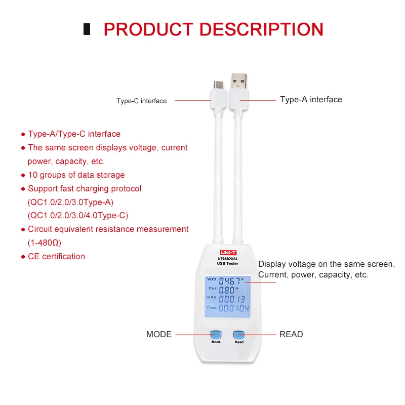 UNI-T USB Тестер измеритель мощности тестер напряжения/тока/выходной мощности зарядное устройство/Мобильный детектор уровня мощности тестер серии UT658