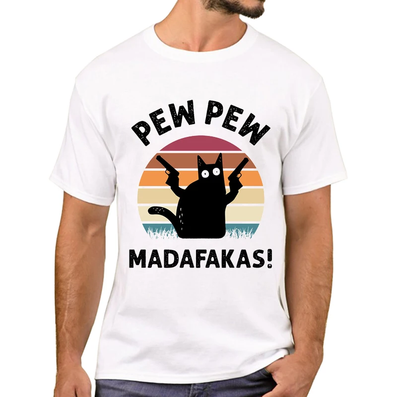TEEHUB Lustige Retro Schwarz Katze Pew Pew Madafakas Männer T-Shirt Hipster Cool Cat Gun Printed T Shirts Kurzarm T-shirts junge T – Detail 6