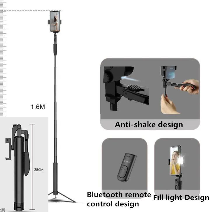 1600mm Bluetooth пульт дистанционного управления Gimbal стабилизация селфи палка со светодиодный светильник Запись видео штатив для iPhone& Andriod прямая трансляция - Цвет: 1600mm