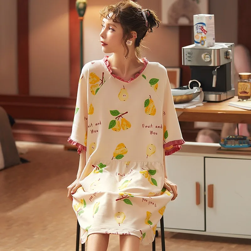 

Spring Summer Women Short Cotton Sleepwear Home Nightshirt Women Causal Sleepwear Loose Ladies Nightgown Women Dress