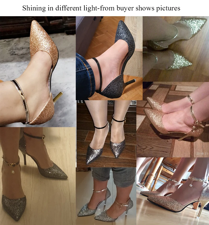 

elegant ladies shinning glitter gold silver pumps 2019 sexy pointed toe high heels ankle strap wedding party shoes woman