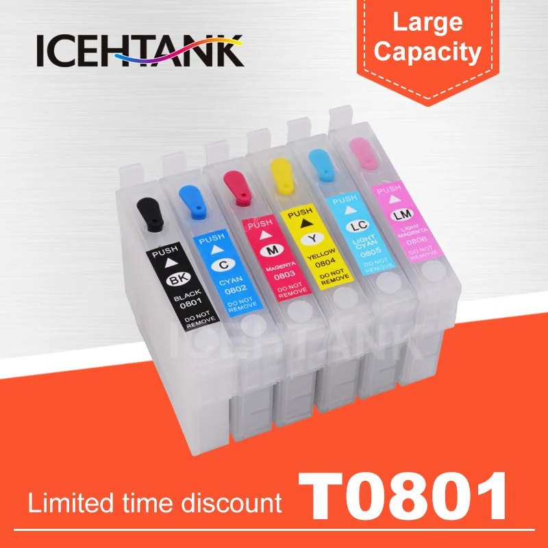 ICEHTANK Refillable патрон чернил для принтера Epson T0801 Stylus Photo P50 T59 R265 270 285 290 360 RX560 585 610 650