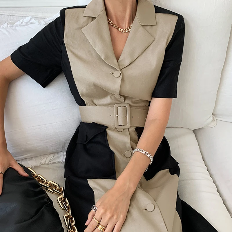 

Women Dress 2022 Summer French Elegant Suit Collar Contrast Color Stitching Design Lace-Up Single-Breasted Vestidos