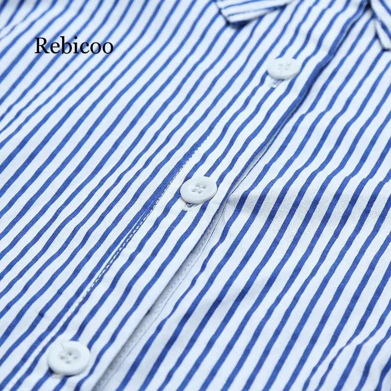 

Anself Women Blue Striped Dress Long Sleeve Button Down Front Asymmetrical Hemline Office Ladies Workwear Casual OL Shirt Dress