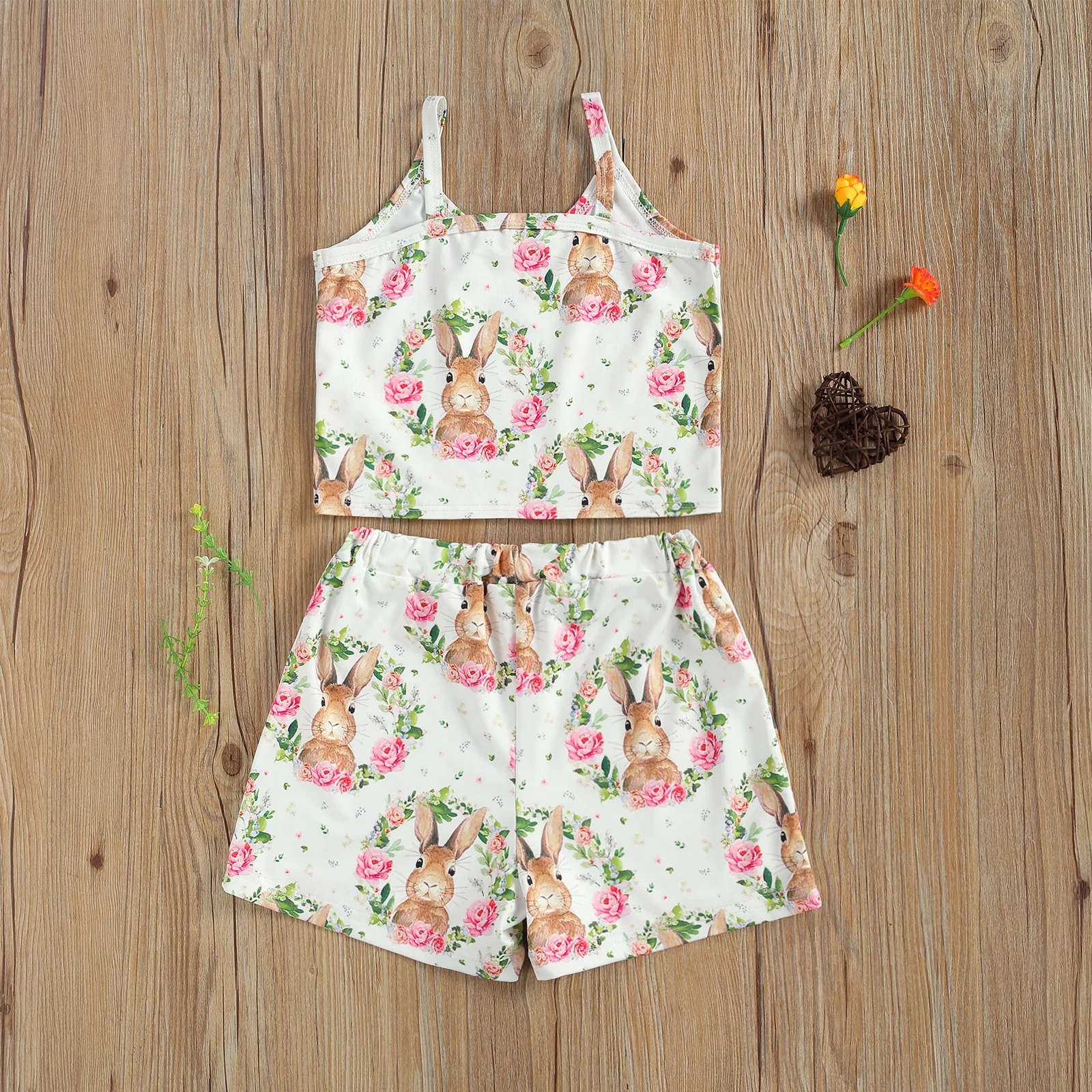

New Easter Girl's Two Piece Set, Children's Rabbit Flower Printing Camisole Matching Shorts for Kids