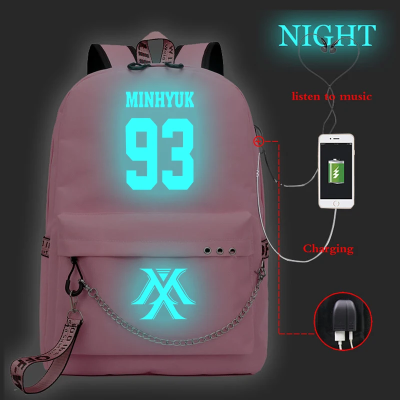 Mochila Feminina Kpop MONSTA X рюкзак женский рюкзак Usb зарядка школьные сумки для девочек-подростков светящийся дорожный рюкзак для ноутбука