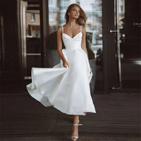 sexy deep v neck wedding dress 2021 summer stain spaghetti straps ankle length simple style a line custom made cheap hot sale