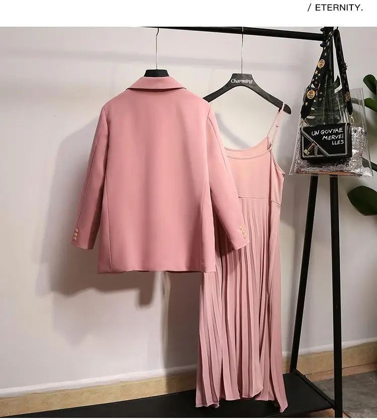 XL-5XL, женский костюм из двух предметов большого размера, Блейзер, осенне-зимний офисный костюм, Женская куртка+ плиссированное платье на бретелях, комплекты платьев больших размеров