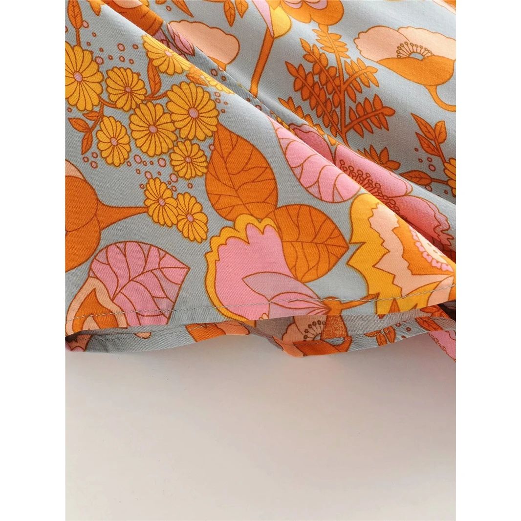 Винтажное шикарное женское платье с цветочным принтом коротким рукавом и поясом