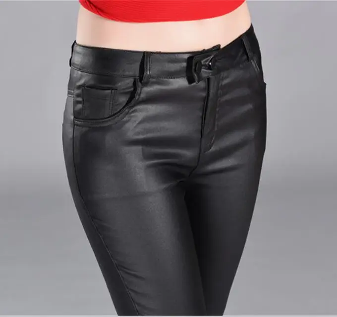 Autumn Winter women leather pants High Waisted elastic shiny trousers slim female pencil pantalon femme | Женская одежда
