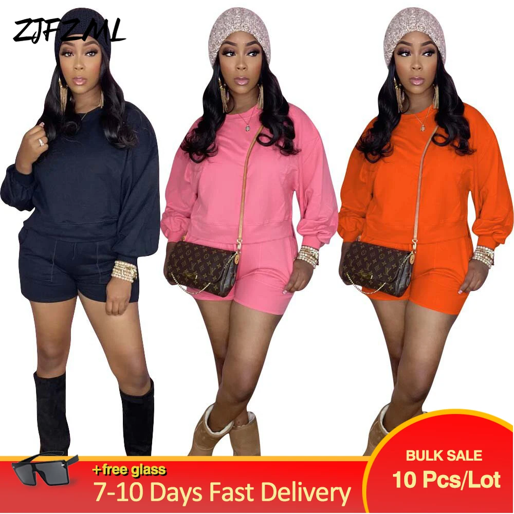 

Wholesale Bulk Items Lots Spring New Women's Athleisure Outfits Full Sleeve Crew Neck Tops & Pockets Sporty Short 2 Piece Suits