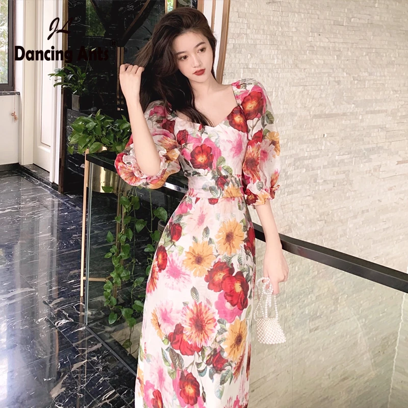 Женское облегающее платье с коротким рукавом и высокой талией цветочным принтом