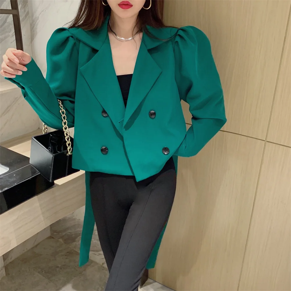 

동대문 Work Wear Puff Sleeve Women Double Breasted Blazer Coats 2021 Pure Color Elegant Autumn Casual Streetwear Hot Jackets