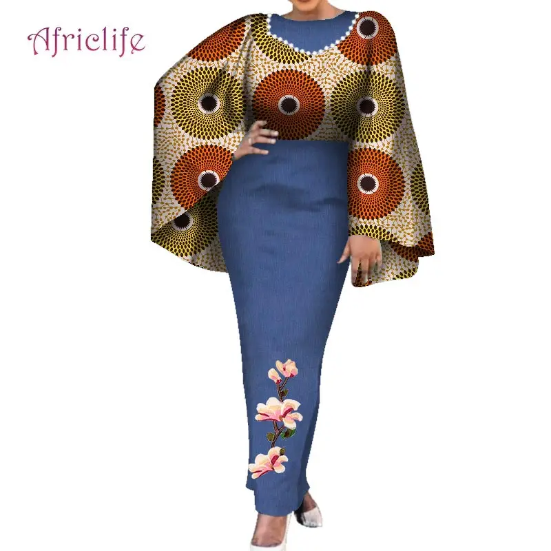 Spring Autumn Party Dress Women Bazin Long African Wax Cotton Dress Belling Sleeve Long Sleeve One Pcs Female Dresses WY7579