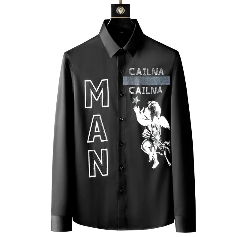 

2021 Top Quality Letter Rhinestones Shirt Men Long Sleeve Brand Designer Breathable Slim Shirts Fashion Clothing Chemise Homme
