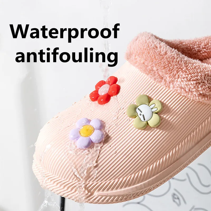 Cute Rabbit Winter Women Cotton Slippers Waterproof Warm Plush Non Slip  Home Slides Men Thick Sole Soft Indoor Couples Shoes