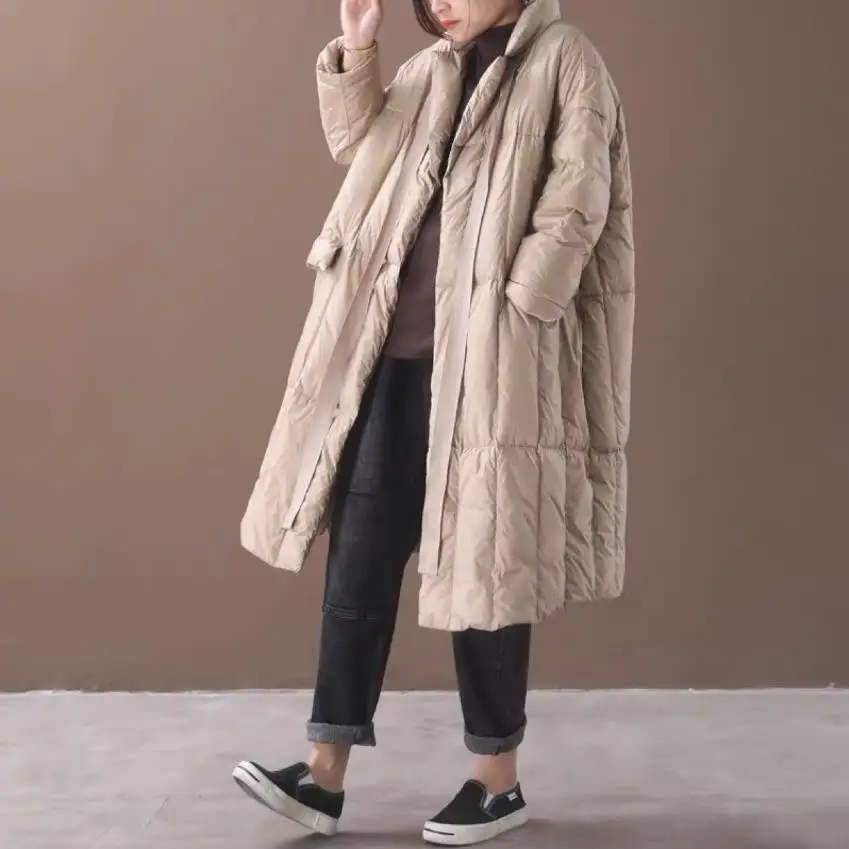 Женское теплое пальто на утином пуху длинный толстый пуховик в полоску стиле