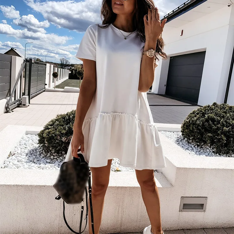 

NEDEINS Summer Women Mini Dress Fashion Solid White Dresses Female Short Dresses 2020 Casual O Neck Short Sleeve Lady Vestidos