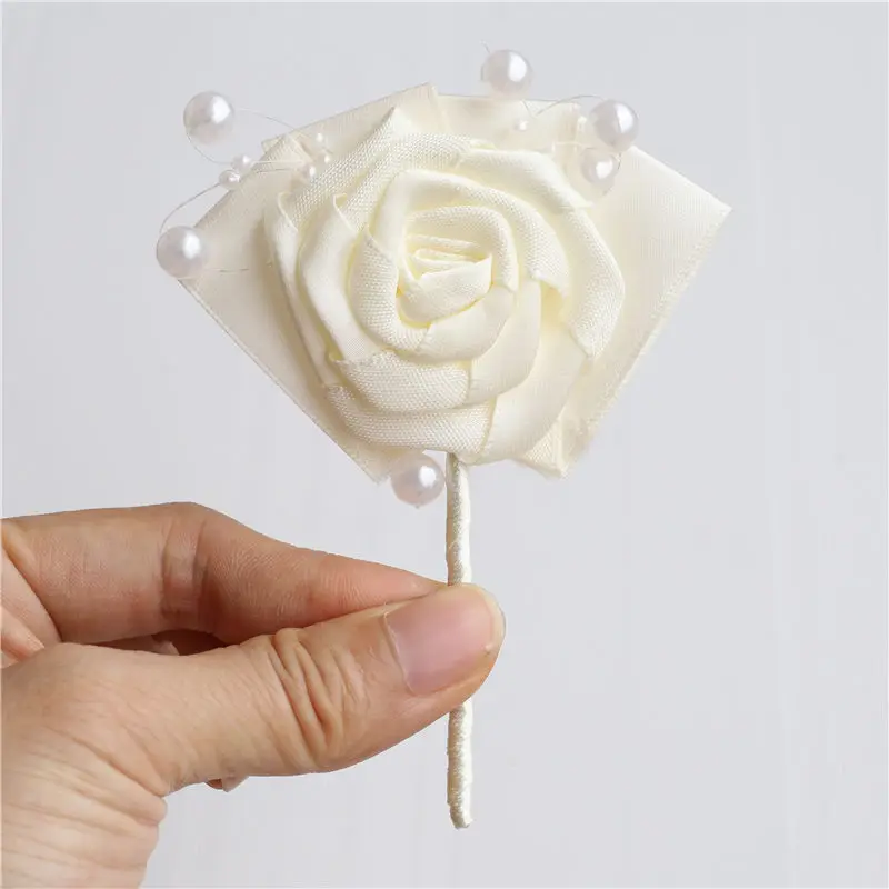 European Wedding Groom Boutonniere Pearl Corsage Customizable Ivory Ribbon Rose Ceremony Flower Man Suit Lapel Pin Brooch X994-J | Свадьбы и