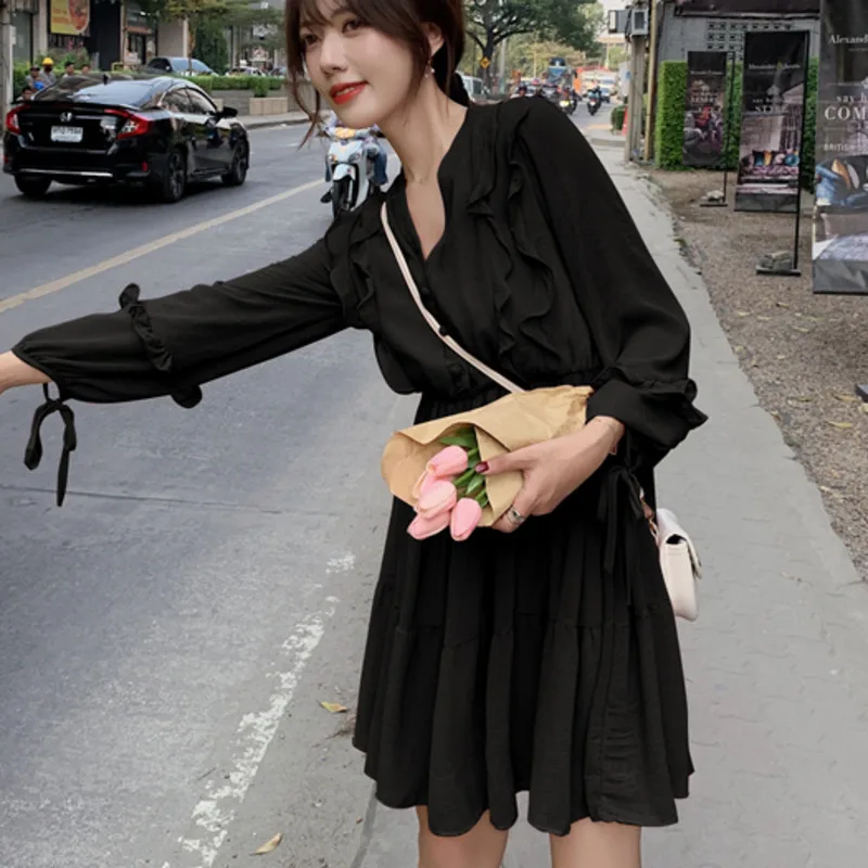 

2021 Spring Summer New Korean Women's Holiday V-neck Solid Color Ruffle Long Sleeve High Waist Chiffon Dress Vestido De Mujer