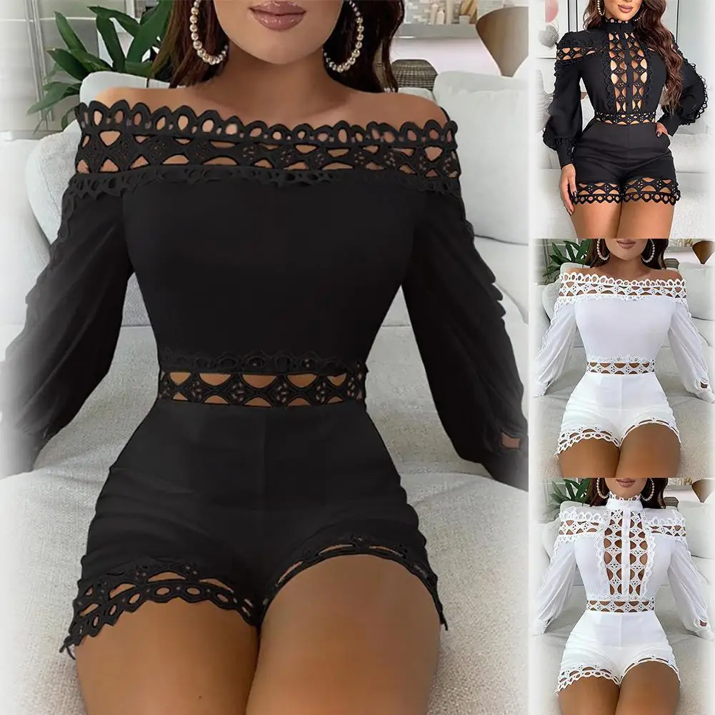 

Sexy Jumpsuit Romper Shorts Playsuit Club Summer Women Sexy Off Shoulder/Mock Neck Hollow Out Lace Patchwork Jumpsuit Playsuit