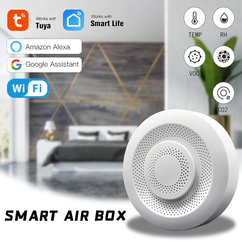 

Tuya Wifi Smart Air Box Formaldehyde VOC Sensor Smart Home Carbon Dioxide Temperature Humidity Sensor Automation Alarm Detector