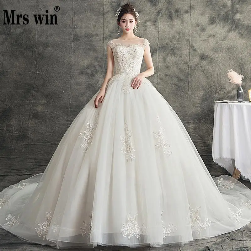 Mrs Win/свадебное платье Роскошное кружевное длинное бальное с круглым вырезом и