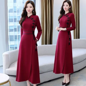 Imported Chinese Style Autumn Cheongsam Midi Dress Long Sleeve Vintage 2022 Women Clothing Slim Vestidos De M