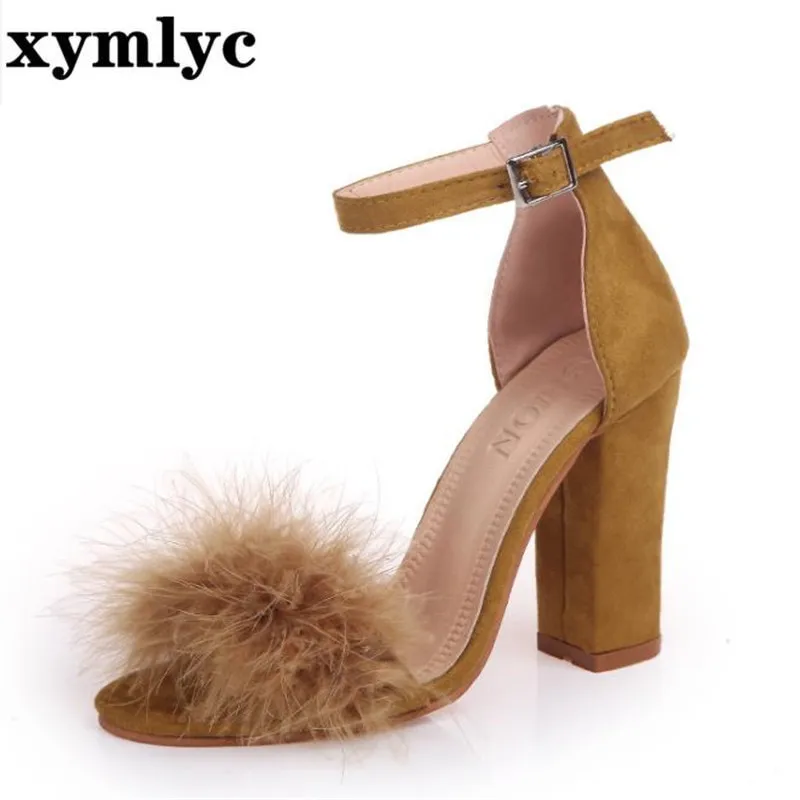Босоножки женские на высоком блочном каблуке меховые сандалии платформе с