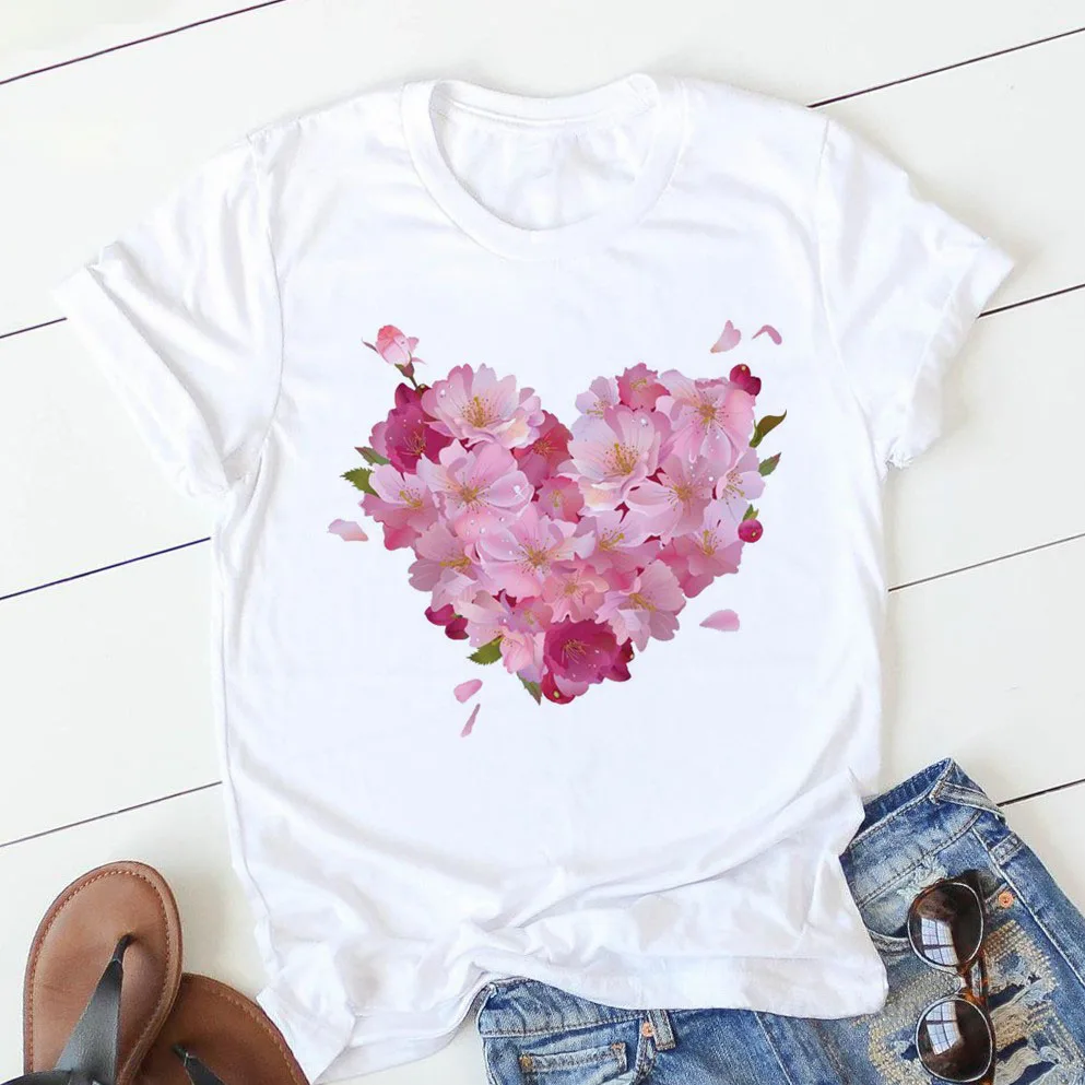 

Women's T-shirt Pink Heart Flower Print Casual O-neck T-shirt Girl Ladies Streetwear Harajuku T-shirt Kawaii Graphic Aesthetics