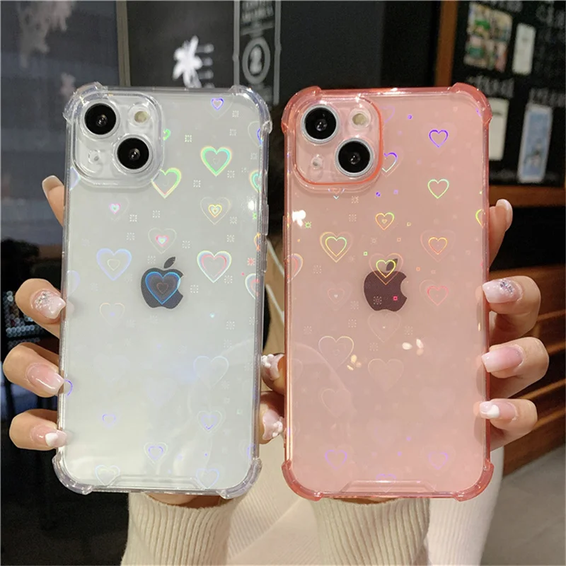 

Transparent Shockproof Laser Love Heart Case For iPhone 13 11 12 Pro Max X XS XR 7 8 Plus SE 2020 Candy Camera Protection Cover