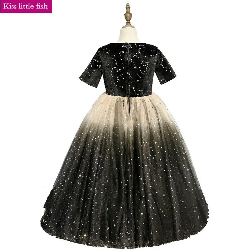 Бесплатная доставка платья для девочек с черными цветами вечерние и свадьбы