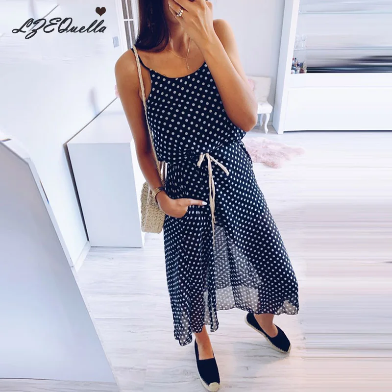 Женское Повседневное платье в горошек длинное пляжное с v образным вырезом