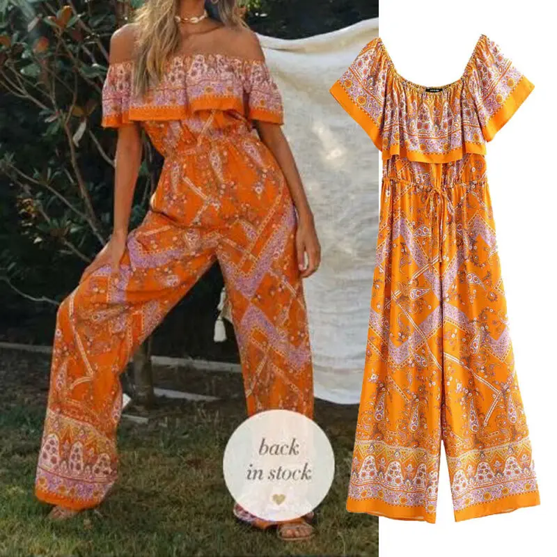 Женский пляжный комбинезон Boho Свободный с открытыми плечами и цветочным принтом