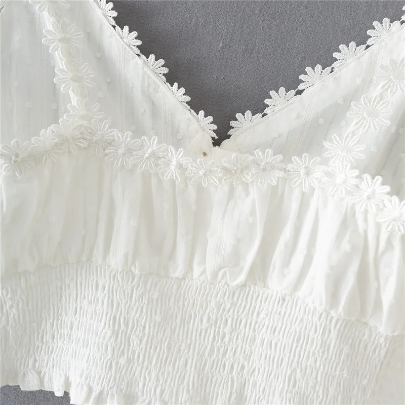 

2021 Summer Sexy Woman White Lace V Neck Cotton Camisole Girls Y2k Stretchy Short Tops Female Sweet Backless Flower Camisoles
